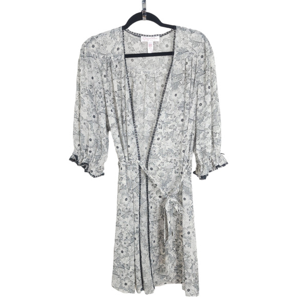 Oscar De La Renta Pink Label Robe Womens M White Black Floral Tie 3/4 Sleeve - Picture 1 of 10